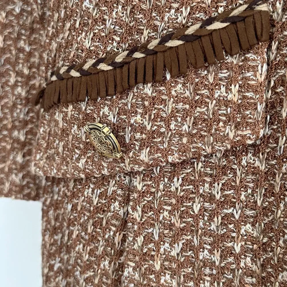 St John Tweed Blazer Jacket 12 Brown Textured Knit Gold Button Fringe Jacket - Picture 9 of 11
